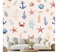 Hand-Painted Marine Life Wall Mural Seaweed Starfish Anchor Peel and Stick Photo Wallpaper 150x100 cm Children Ocean Wall Paper for Bedroom Bathroom Living Room Poster Decoration xE170f