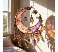 Hand-Painted Moon and Floral Window Decor, Crescent Moon Acrylic Suncatcher, Boho Crescent Moons Hanging Ornament with Lanterns & Flowers, Celestial Hanging Ornament for Indoor Outdoor Garden