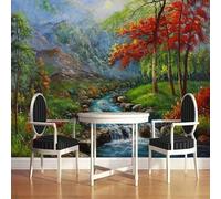 Hand Painted Mountains Trees Rivers Art Modern 3D Wallpaper Premium Textured Silk Neutral Tones Material Ideal for Living Room Bedroom-400cm×280cm