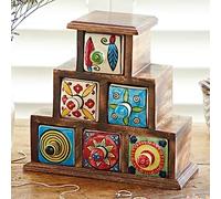 Hand Painted Multicoloured Ceramic 6 Drawer Pyramid Chest - 23.5 × 8.5 × 22.5 cm - Trinkets, Spices, Teas, Dried Herbs, Jewellery or Haberdashery Multifunctional Storage