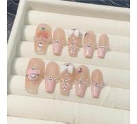 Hand-painted oblique square French pink hand-made nails sweet love bow nail art cute sexy pearl blush false nails(M)