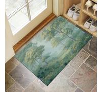 Hand-Painted Oil Painting Indoor Doormat, Wildflowers In The Misty Forest Non-Slip Absorbent Machine Washable Resist Dirt Entrance Area Rug, Sage Green for Inside Entrance Front Back Door Garden,