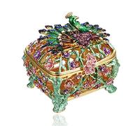 Hand Painted Peacock Trinket Box, Hinged Enameled Jewelry Box, Unique Mini Ring Earrings Jewelry Organizer, Vintage Bejeweled Storage, Figurine Collectible Keepsake Home Decor (Peacock)