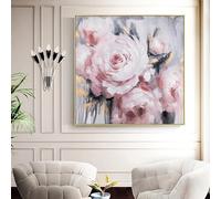 Hand Painted Pink Rose Flowers Wall Art Abstract Floral Oil Paintings On Canvas Vintage Frameless Artwork for Living Room Bedroom Home Decorations 100X100Cm