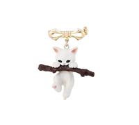 Hand Painted Resin Cat Brooch Pin, White Kitten Hugging Tree Branch with Pink Paw Pads, Vintage Gold Bow Lapel Pin, 50mm Cute Jewelry Gift for Women Cat Lover Bag Hat Scarf