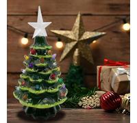 Hand Painted Resin Xmas Tree With Colored Lights, 7.4Inch Tabletop Holiday Decoration With Topper & Multicolor Bulb Lights, Vintage Pine Tree Battery Powered For Home (Green(White Lights))