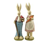 Hand Painted Set of 2 Pieces Spring Easter Bunnies with Bird and Carrot 2.76L X 2.52W X 9.06H Inch