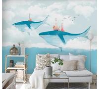 Hand Painted Sky White Clouds Whale Lighthouse 3D Wallpaper Easy Install Feature Office Living Room Sofa Bedroom TV Background Wall Decoration-400cm×280cm