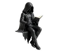 Hand-Painted Solid Resin Gothic Dark Fantasy Book Reading Shelf Sitter Statue, Mysterious Hooded Skeleton Faceless Figure Ornament For Reading Nook Bookshelf Halloween Collector Present