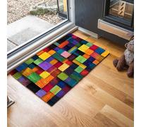 Hand-Painted Squares Door Mats Indoor - Absorbent, Non-Slip Outdoor Doormat Colored Wooden Blocks Dirt Trapping Doormat, Low Profile Entrance Rugs for Back & Front Door, Patios - 40 x 60 cm, Green