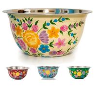 Hand Painted Stainless Steel Fruit Bowl - Large Bowl, Salad Bowl, Mixing Bowl and Serving Bowl. Decorative Bowl, Floral Bowl, Traditional Kashmiri Art Popcorn Bowl for Home Decor (Cream)