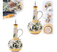 Hand Painted Stoneware Olive Oil Cruet, 15oz, 2PCS with Stainless Steel Spout for Oils, Vinegar, Coffee Syrups, Sauces