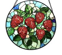 Hand Painted Strawberry Patterned Glass Ornament with Chain for Door Wall Patios Display Stained Glass Strawberry Sun Catcher