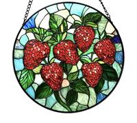 Hand Painted Strawberry Patterned Glass Ornament with Chain for Door Wall Patios Display Stained Glass Strawberry Sun Catcher