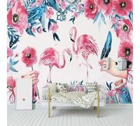 Hand Painted Warm and Beautiful Flamingos Flowers and Feathers 3D Wallpaper Easy Install Feature Office Living Room Sofa Bedroom TV Background Wall Decoration-250cm×170cm