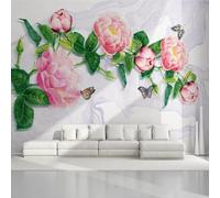 Hand Painted Warm and Beautiful Pink Roses Silk Butterfly 3D Wallpaper Easy Install Feature Office Living Room Sofa Bedroom TV Background Wall Decoration-400cm×280cm