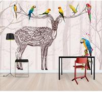 Hand Painted Warm Art Forest Deer Parrot 3D Wallpaper Silky Texture Home Study Office Grey Dining Room Sofa Bedroom Living Room TV Backdrop-200cm×140cm