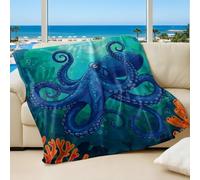 Hand-painted Watercolor Blue Octopus Printed Flannel Blanket, Cozy Cartoon Style Throw Blanket for Sofa and Bed, Perfect Room Decor for Kids and Adults (02,75x100cm)