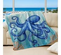 Hand-painted Watercolor Blue Octopus Printed Flannel Blanket, Cozy Cartoon Style Throw Blanket for Sofa and Bed, Perfect Room Decor for Kids and Adults (01,150x200cm)