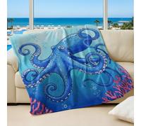 Hand-painted Watercolor Blue Octopus Printed Flannel Blanket, Cozy Cartoon Style Throw Blanket for Sofa and Bed, Perfect Room Decor for Kids and Adults (03,100x150cm)