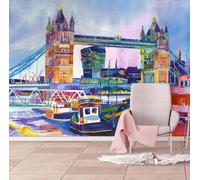 Hand Painted Watercolour Abstract Architecture Bridge Boat 3D Wallpaper Textured Silk Easy Install Living Room Sofa Bedroom Dining Room Home Decoration Wall-300cm×210cm