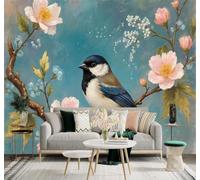 Hand Painted Watercolour Blue Tit Perched On A Branch Laden With Flowers A Spring Scene 3D Wallpaper Silky Texture Home Study Office Grey Dining Room Sofa Bedroom Living Room TV Backdrop-300cm×210cm