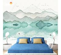 Hand Painted Watercolour Sunrise Mountain Peaks Flying Birds Small Boats 3D Wallpaper Silky Texture Home Study Office Grey Dining Room Sofa Bedroom Living Room TV Backdrop-430cm×300cm