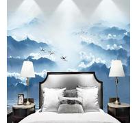 Hand Painted Watercolour White Clouds Mountain Peaks Flying Birds Mist 3D Wallpaper Premium Textured Silk Study Dining Living Room Bedroom Sofa TV Wall Easy Install-350cm×256cm