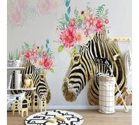 Hand Painted Watercolour Zebra Beautiful Colourful Flower 3D Wallpaper Premium Textured Silk Study Dining Living Room Bedroom Sofa TV Wall Easy Install-200cm×140cm