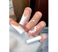 HAND-PAINTED White False Nails Set Coffin Press on Nails Press ons Kit Medium Length Stick on Nails Shoot Nail Art Short Nails with Nail Glue on Nails Square, Custom Long Almond Nail (B2, S)
