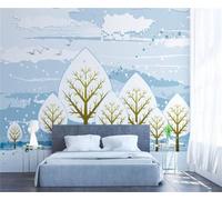 Hand Painted Winter Forest Snowy Landscape Trees Flying Birds 3D Wallpaper Luxury Silk Study Dining Feature Sofa Grey Bedroom Living Room Tv Decorative Wall-350cm×256cm