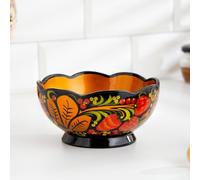 Hand-Painted Wooden Salad Bowl 6 Inch Khokhloma Russian Folk Art Decorative Serving Dish Lacquered Carved Tableware Floral Berry Pattern