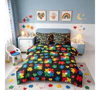 Hand Palm 7 Pieces Comforters Queen Size Autism Series Pattern Bed Set for Kids Boys Girls,Geometric Jigsaw Puzzle Bed in a Bag with Comforter, Fitted Sheet, Top Sheet and Pillowcases,Red Orange