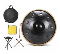 Hand Pan 440Hz 9 10 12 Notes D Minor Kurd 22-Inch, Steel Tongue Drum for Live Performance Street Busking, Harmonic Acoustics with Padded Backpack and Stand(Black,440HZ/12Note)