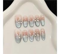 Hand press-on nails with a medium oval ice blue cat-eye design(S-3050)