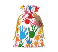 Hand Print Print Christmas Burlap Drawstring Gift Bags Reusable Gift Bags, Holiday Packaging With Rustic Charm