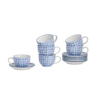 Nicola Spring Hand Printed Cappuccino Cups with Saucers - 250ml - 12pc Navy Porcelain Cappuccino Cups and Saucer Set Coffee Mugs with Handle and Plate