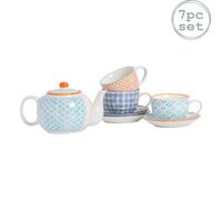 Nicola Spring 7pc Tea Set - Assorted Dining Set Hand Printed Floral Pattern Teapot Teacups & Saucers for Breakfast, Lunch, Tea Parties