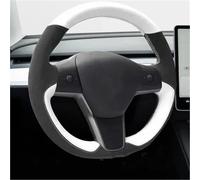 Hand Stitched black white Genuine Leather suede car Steering Wheel Cover For Tesla For Model 3 2015-2021 For Model For Y 2019-2021 Universal Steering Wheel Cover(Style 4)
