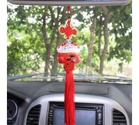 Hand-Styled Lucky Cat Car Pendant with Knot Embellishment for Rearview Mirror Use to Reinforce Safety Intention and Visual Harmony (Red)