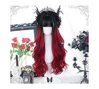 Hand Tied Black Red Curly Wigs with Bangs For Women Root Long Wave Synthetic with Natural Looking Heat Resistant Soft Hair Hairline