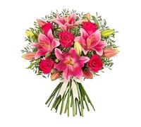 Hand-Tied Fresh Flower Bouquet: Pink Roses and Lilies delivered for Birthdays & All Occasions!