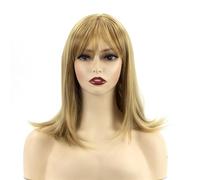 Hand Tied Light Gold Medium To Long Layered Broken Hair Wig For Women, With Air Bangs And For Daily Commuting Hairline