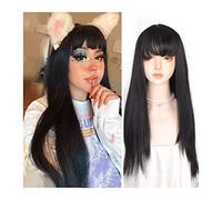 Hand Tied Long Black Synthetic Hair Natural Silky Straight Wig with Bangs Heat-resistant Party Cosplay with for Women Hairline
