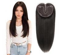 Hand-Tied T Shape Lace Front Hair Topper 50cm Black One Piece Clip in Middle Part Bangs Extension Synthetic Natural Fluffy Top Hair (Straight)