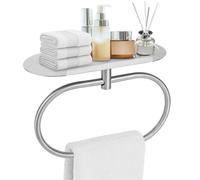 Hand Towel Holder with Shelf, Oval Durable 304 Stainless Steel Adhesive Bathroom Towel Bar Stand Rack Hanger Wall Mounted Rings Practical Kitchen Bathroom Accessories(Silver)
