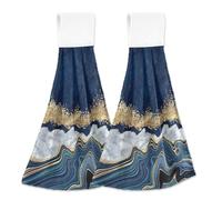 Hand Towels for Bathroom Navy Blue Marble Golden Veins Kitchen Towels Hanging Decorative Soft Absorbent Coral Fleece Dishcloth Set of 2