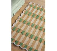 Hand-Tufted Wool Area Rug with Scalloped Edges, Beige, Green, Lavender Plaid Pattern, Cozy, Soft Accent Rug for Living Room, Bedroom, Nursery, Handmade Decorative Rug, 60x110 cm / 2'x3'7"