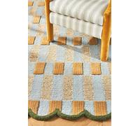 Hand-Tufted Wool Rug with Scalloped Edges, Light Blue Plaid Pattern, Cozy Soft Area Rug for Living Room, Bedroom and Nursery, Handmade Modern Accent Rug, 120x170 cm / 3'11"x5'7"