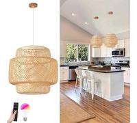 Hand Woven Bamboo Pendant Light with Remote Control, RGB Dimmable, Rattan Basket Design, Natural Beige Wicker Chaner for Kitchen Island, Living Room, Dining Room